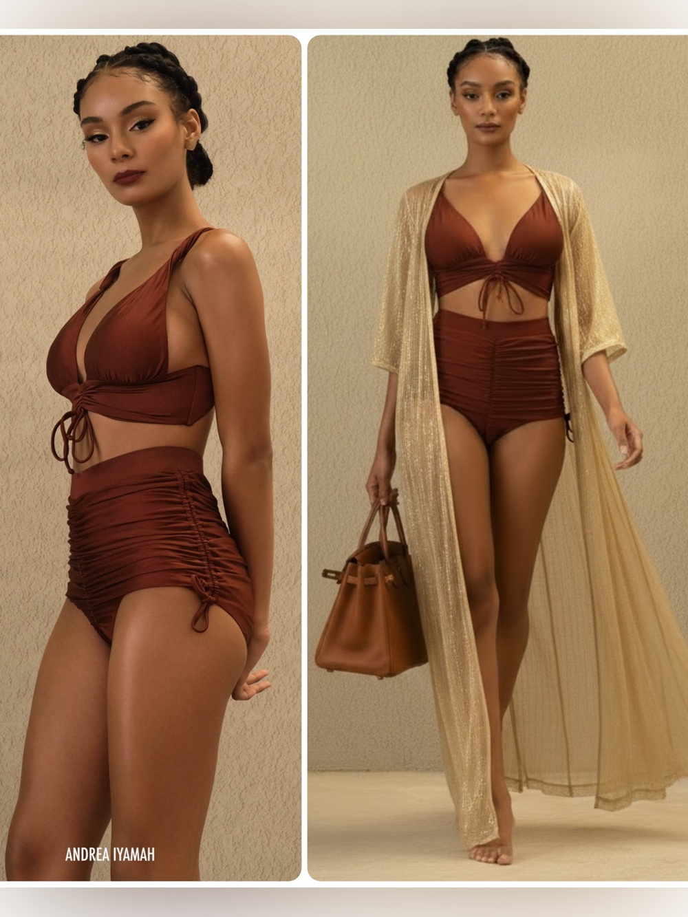 Andrea Iyamah Karo Chocolate Ruched High-Waist Bottom & Top Bikini SET NWT $279